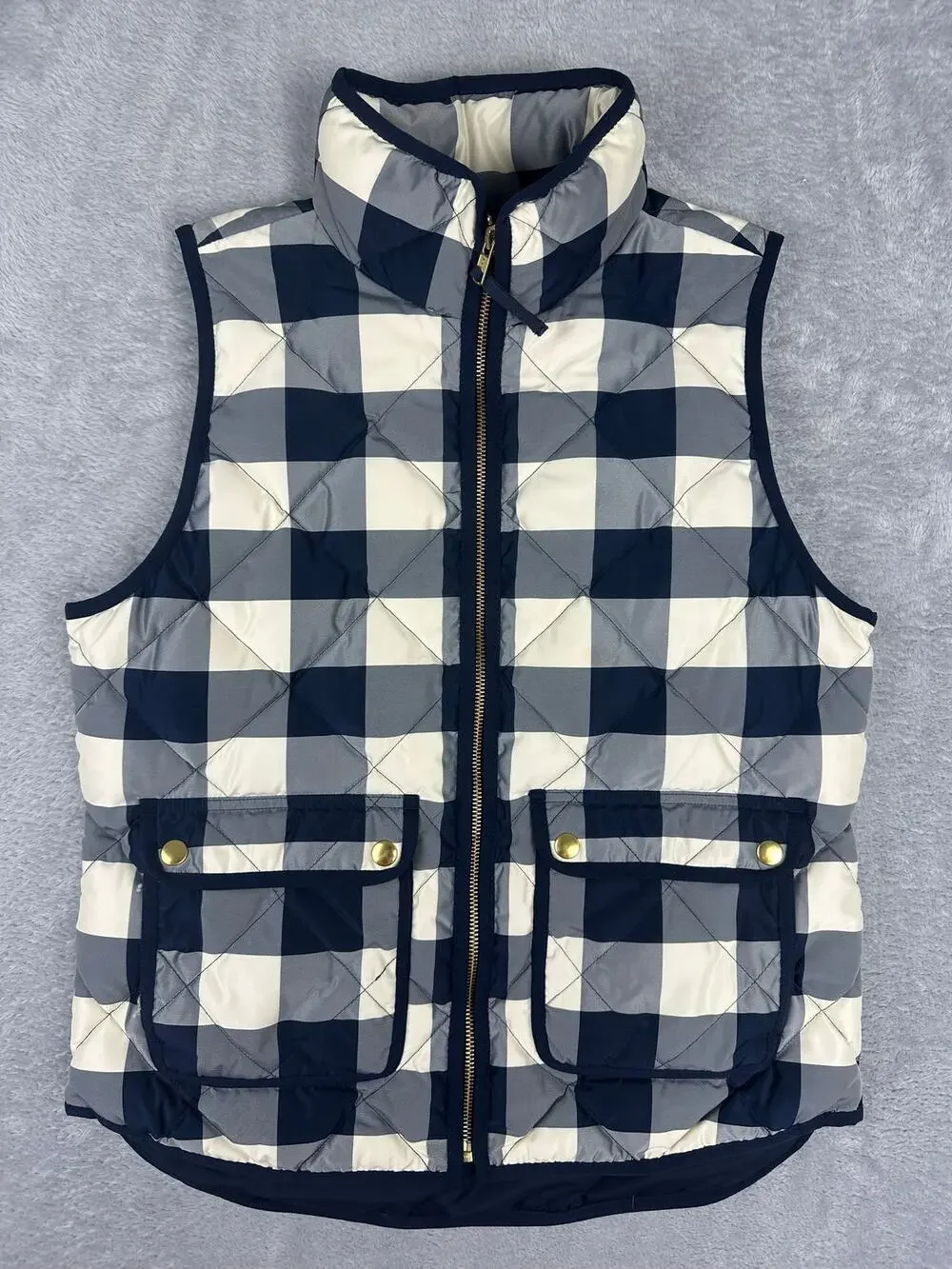 J Crew Excursion Quilted Down Puffer Vest Buffalo Plaid Navy Cream NWOT - S